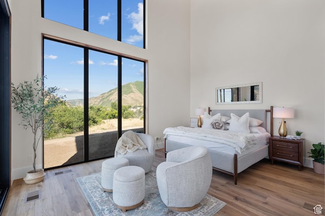 1882 N Main St, Mapleton, UT 84664 - bedroom featuring a mountain view, a high ceiling, access to exterior, and wood finished floors