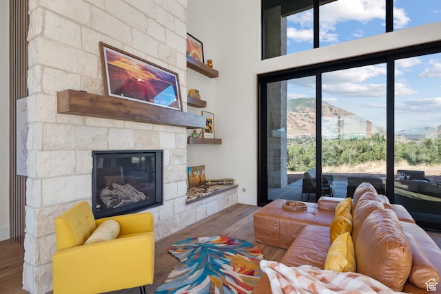 1882 N Main St, Mapleton, UT 84664 - living area featuring wood finished floors, a stone fireplace, and a mountain view