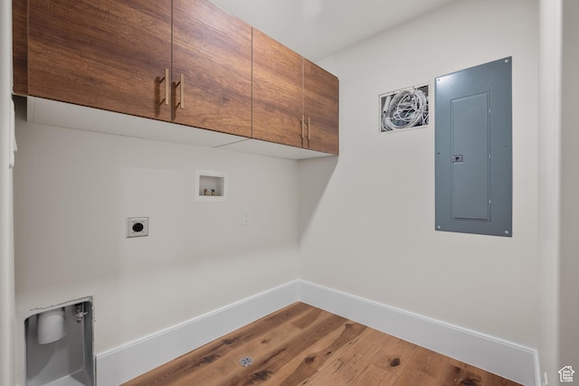 1882 N Main St, Mapleton, UT 84664 - laundry area featuring electric panel, cabinet space, washer hookup, wood finished floors, and hookup for an electric dryer