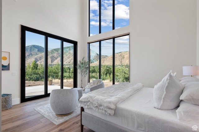 1882 N Main St, Mapleton, UT 84664 - bedroom featuring access to outside, light wood finished floors, a towering ceiling, and a mountain view