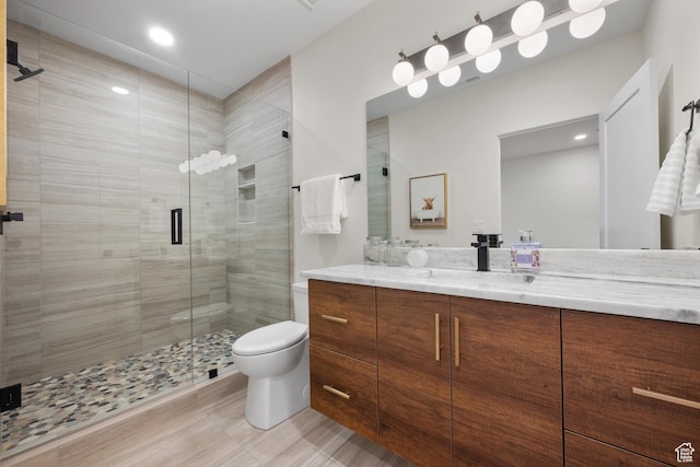 1882 N Main St, Mapleton, UT 84664 - full bathroom featuring vanity, a stall shower, and recessed lighting