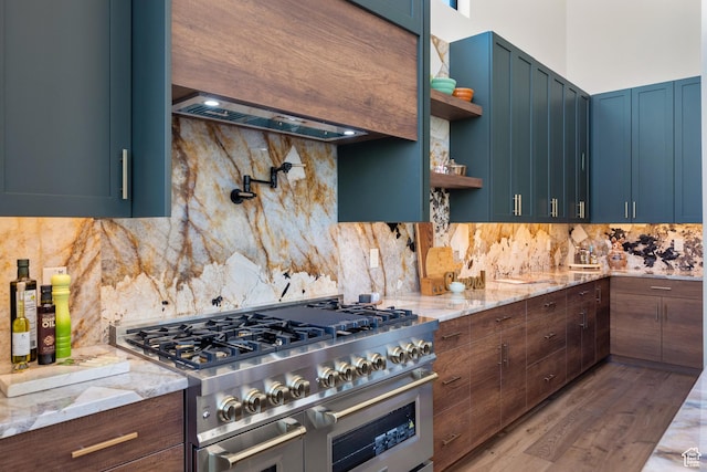 1882 N Main St, Mapleton, UT 84664 - kitchen featuring double oven range, backsplash, open shelves, light stone countertops, and wood finished floors