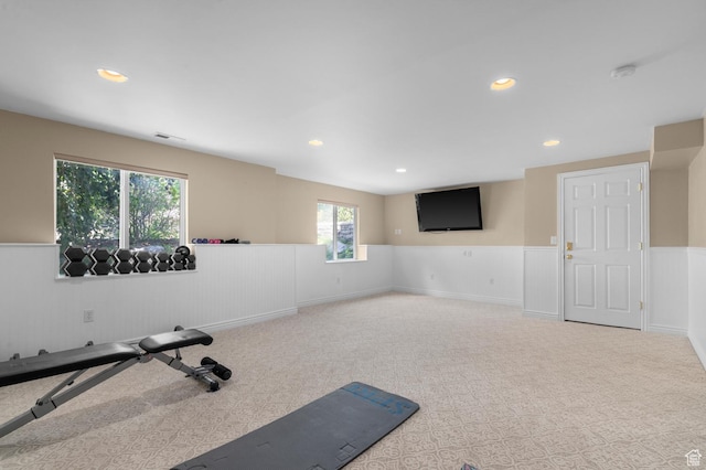 352 E Maple Dr, Alpine, UT 84004 - exercise area with a wainscoted wall, carpet flooring, and recessed lighting