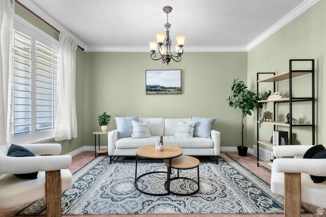 352 E Maple Dr, Alpine, UT 84004 - carpeted living area with ornamental molding, a chandelier, and healthy amount of natural light
