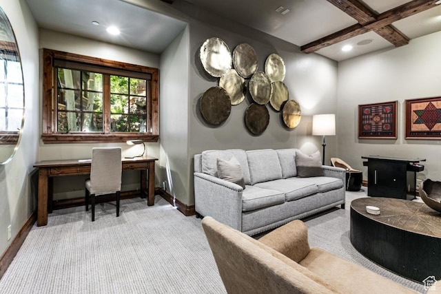 8789 Marsac Ave Unit 4, Park City, UT 84060 - carpeted living room with a desk, coffered ceiling, beam ceiling, and recessed lighting