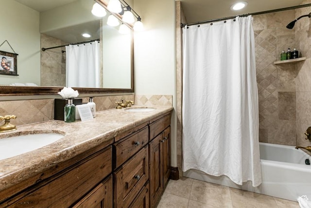 8789 Marsac Ave Unit 4, Park City, UT 84060 - bathroom featuring double vanity, shower / tub combo, tile patterned floors, recessed lighting, and backsplash