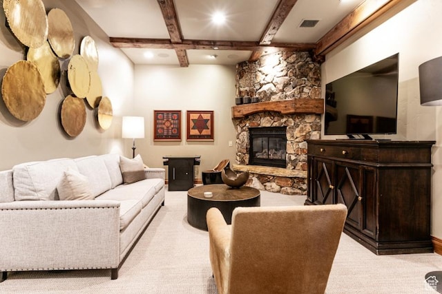 8789 Marsac Ave Unit 4, Park City, UT 84060 - living room featuring light colored carpet, beam ceiling, a fireplace, and recessed lighting