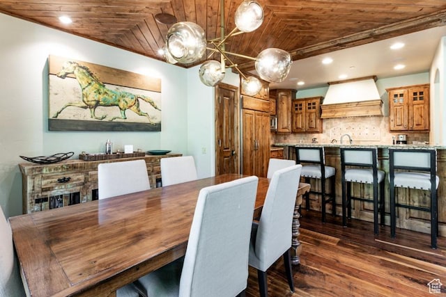 8789 Marsac Ave Unit 4, Park City, UT 84060 - dining area with wooden ceiling, a chandelier, dark wood-style flooring, and recessed lighting
