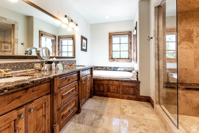 8789 Marsac Ave Unit 4, Park City, UT 84060 - full bathroom featuring double vanity, a bath, tiled shower, and tasteful backsplash
