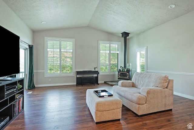 11789 S Nicklaus Rd, Sandy, UT 84092 - living area featuring a wood stove, vaulted ceiling, dark wood finished floors, and a textured ceiling