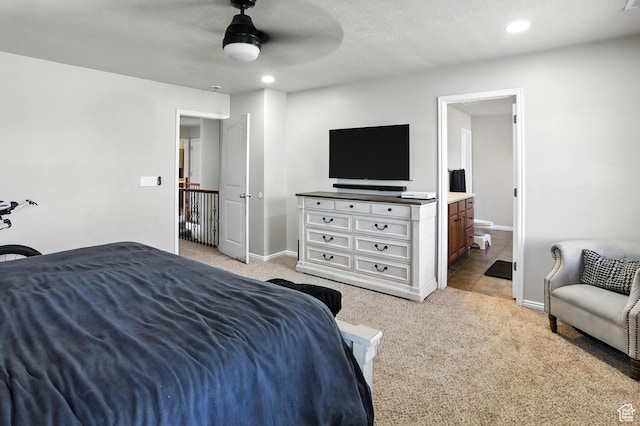 1061 N Bellingham Ct W, North Salt Lake, UT 84054 - bedroom featuring light carpet, recessed lighting, connected bathroom, and ceiling fan