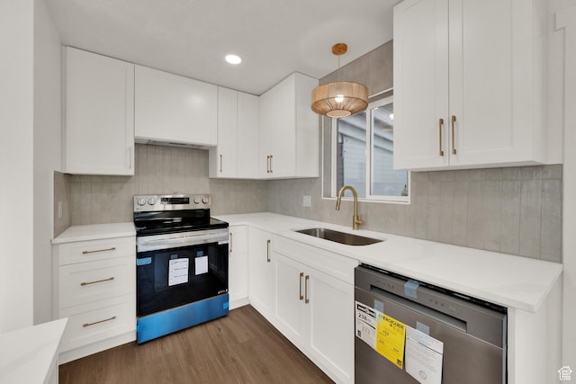 468 W 2400 S, Bountiful, UT 84010 - kitchen with electric stove, dishwasher, dark wood-style floors, white cabinets, and light countertops