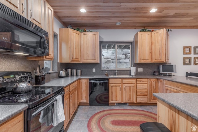 654 Sugar Pine Dr, Oakley, UT 84055 - kitchen with black appliances, recessed lighting, wooden ceiling, decorative backsplash, and plenty of natural light