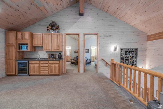 654 Sugar Pine Dr, Oakley, UT 84055 - bar area with wine cooler, high vaulted ceiling, wooden ceiling, light colored carpet, and wooden walls