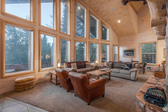 654 Sugar Pine Dr, Oakley, UT 84055 - living area with high vaulted ceiling, wooden ceiling, recessed lighting, and carpet flooring
