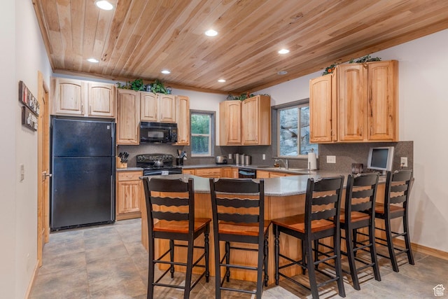654 Sugar Pine Dr, Oakley, UT 84055 - kitchen featuring black appliances, recessed lighting, a peninsula, wood ceiling, and tasteful backsplash
