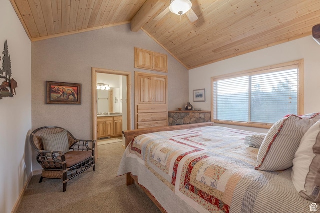 654 Sugar Pine Dr, Oakley, UT 84055 - bedroom with light carpet, connected bathroom, and wood ceiling