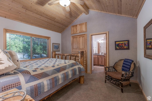 654 Sugar Pine Dr, Oakley, UT 84055 - carpeted bedroom with wood ceiling, ensuite bathroom, and a ceiling fan