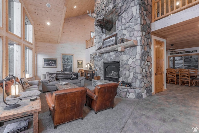 654 Sugar Pine Dr, Oakley, UT 84055 - living area featuring high vaulted ceiling, wooden ceiling, a fireplace, recessed lighting, and a ceiling fan