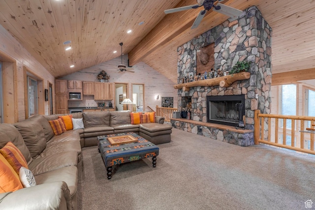 654 Sugar Pine Dr, Oakley, UT 84055 - carpeted living area with ceiling fan, recessed lighting, high vaulted ceiling, a wood ceiling with exposed beams, and a stone fireplace