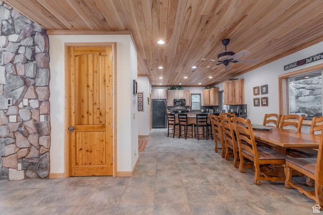 654 Sugar Pine Dr, Oakley, UT 84055 - dining space with wood ceiling, a ceiling fan, recessed lighting, and crown molding