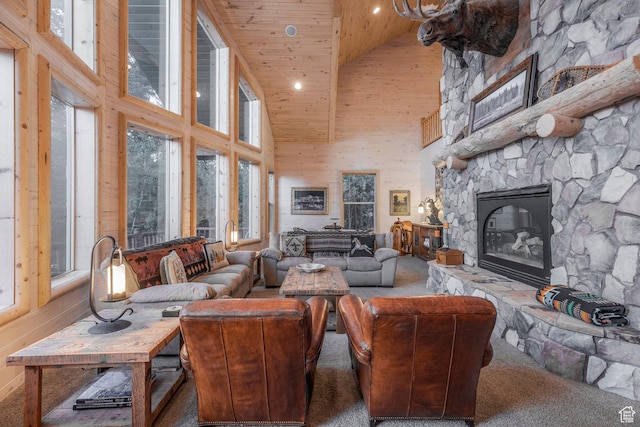654 Sugar Pine Dr, Oakley, UT 84055 - carpeted living room featuring high vaulted ceiling, wooden ceiling, a stone fireplace, healthy amount of natural light, and recessed lighting