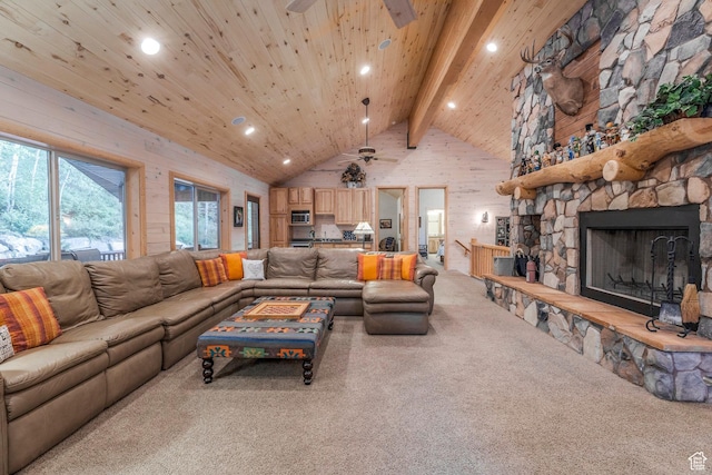 654 Sugar Pine Dr, Oakley, UT 84055 - living room featuring carpet floors, a ceiling fan, recessed lighting, high vaulted ceiling, and a fireplace