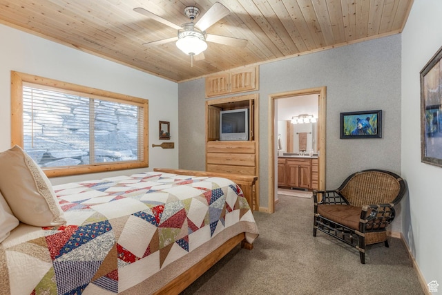 654 Sugar Pine Dr, Oakley, UT 84055 - bedroom with light colored carpet, wooden ceiling, ensuite bathroom, ornamental molding, and ceiling fan