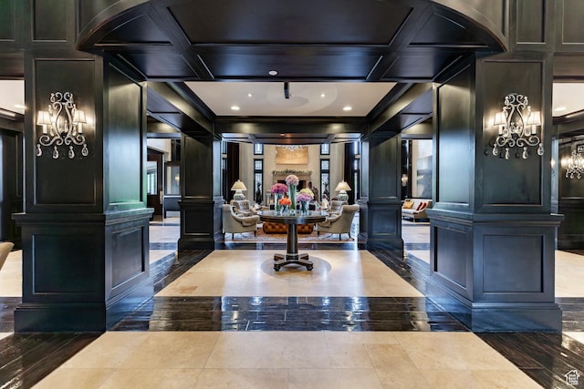 2100 W Frostwood Blvd Unit 3164, Park City, UT 84098 - reception with a decorative wall, decorative columns, crown molding, recessed lighting, and arched walkways
