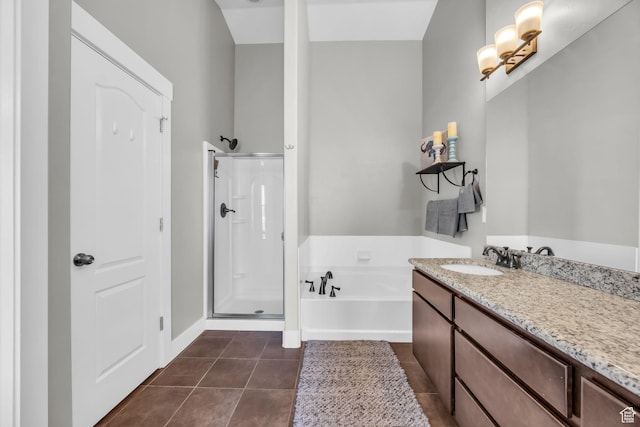 169 W Barry Links Way S, Salt Lake, UT 84115 - bathroom featuring a garden tub, vanity, a shower stall, and tile patterned floors
