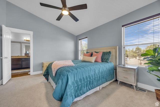 169 W Barry Links Way S, Salt Lake, UT 84115 - bedroom with light carpet, connected bathroom, a ceiling fan, and high vaulted ceiling