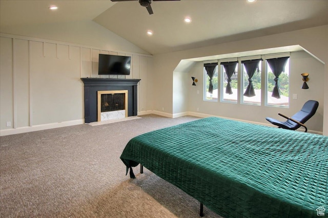 2839 S Oakwood Dr, Bountiful, UT 84010 - carpeted bedroom featuring recessed lighting, lofted ceiling, a fireplace with flush hearth, and arched walkways