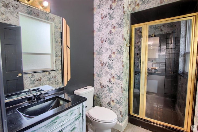 2839 S Oakwood Dr, Bountiful, UT 84010 - bathroom featuring wallpapered walls, vanity, and a stall shower
