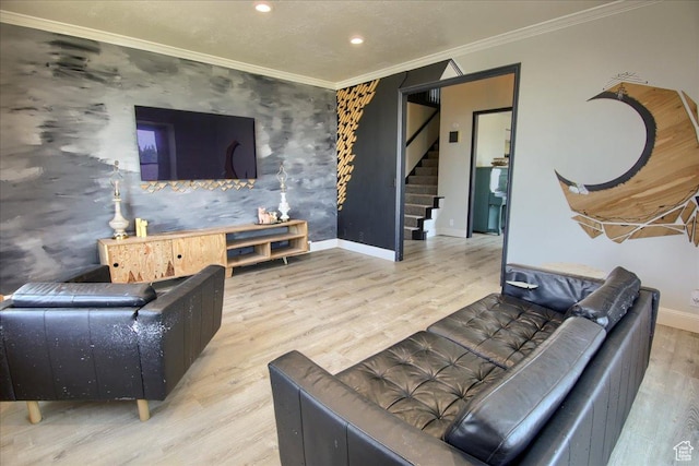 2839 S Oakwood Dr, Bountiful, UT 84010 - living area featuring stairway, an accent wall, crown molding, recessed lighting, and wood finished floors