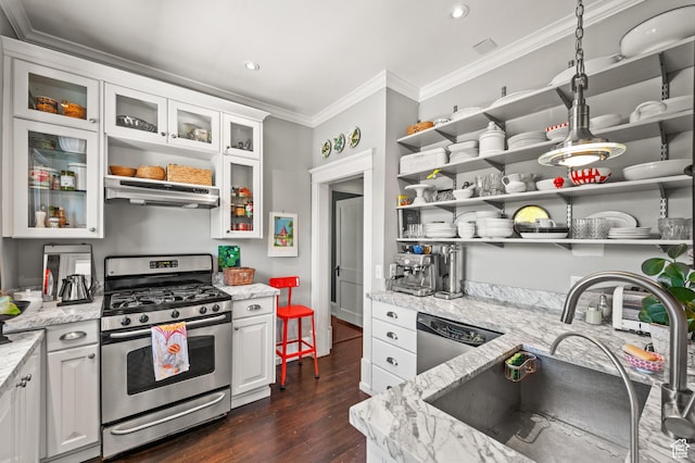 557 E 1 St Ave Unit 12, Salt Lake City, UT 84103 - kitchen featuring stainless steel gas stove, under cabinet range hood, open shelves, dishwasher, and ornamental molding