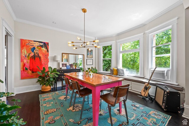 557 E 1 St Ave Unit 12, Salt Lake City, UT 84103 - dining room featuring plenty of natural light, dark wood-type flooring, a chandelier, and crown molding