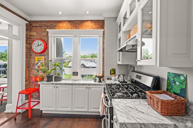 557 E 1 St Ave Unit 12, Salt Lake City, UT 84103 - kitchen with stainless steel gas range oven, crown molding, brick wall, extractor fan, and white cabinetry
