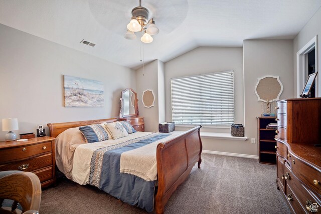 452 N Kent Dr, North Salt Lake, UT 84054 - bedroom with lofted ceiling, dark carpet, and a ceiling fan