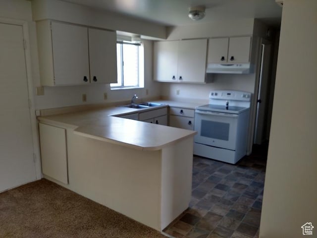 1949 E Jeremy Dr S, Salt Lake City, UT 84121 - kitchen with electric range, extractor fan, a peninsula, white cabinetry, and light countertops