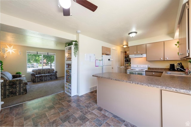 1949 E Jeremy Dr S, Salt Lake City, UT 84121 - kitchen with white appliances, under cabinet range hood, stone finish floors, open floor plan, and a ceiling fan