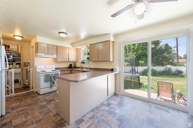 1949 E Jeremy Dr S, Salt Lake City, UT 84121 - kitchen featuring white range with electric stovetop, under cabinet range hood, a peninsula, and stone finish flooring