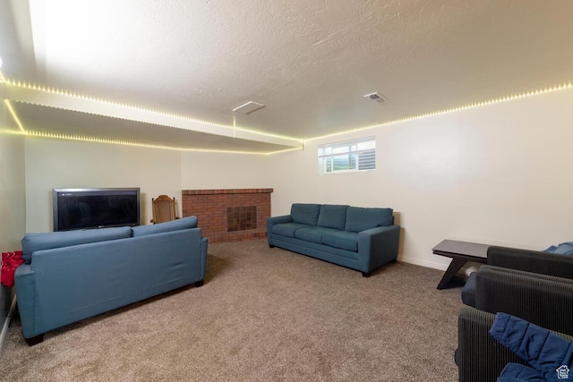 6204 S Jeremy Cir, Salt Lake City, UT 84121 - living area featuring carpet floors, a brick fireplace, and a textured ceiling