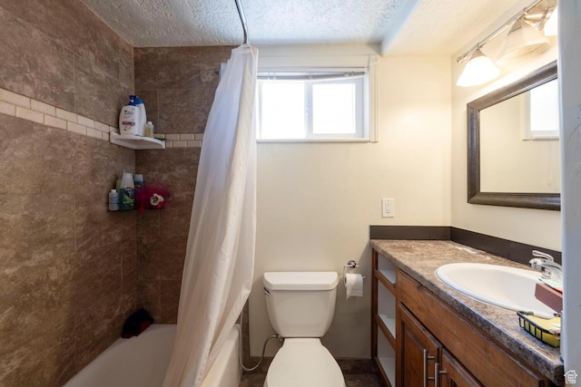 6204 S Jeremy Cir, Salt Lake City, UT 84121 - bathroom featuring vanity, shower / tub combo with curtain, and a textured ceiling