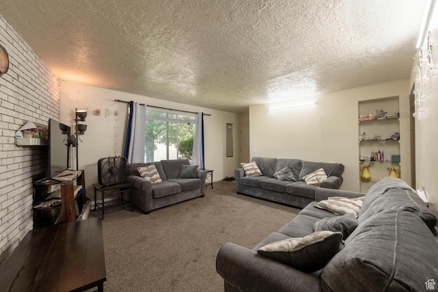 6204 S Jeremy Cir, Salt Lake City, UT 84121 - carpeted living room featuring a textured ceiling and brick wall
