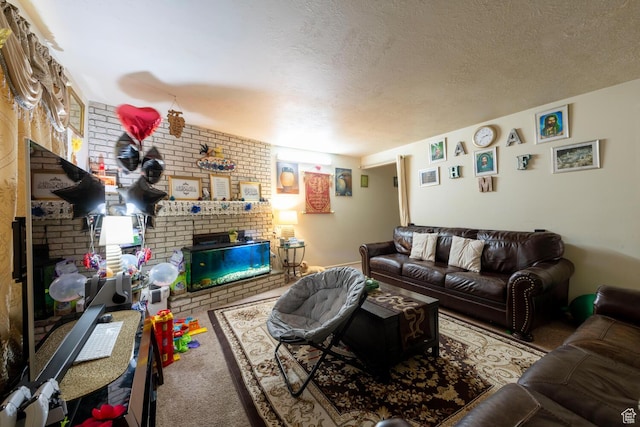6204 S Jeremy Cir, Salt Lake City, UT 84121 - carpeted living area featuring a fireplace, a textured ceiling, and brick wall