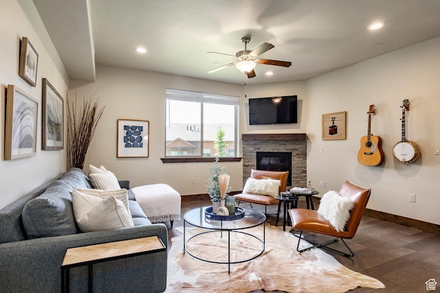 1261 W Black Rock Trl Unit 39D, Kamas, UT 84036 - living room with ceiling fan, wood finished floors, a stone fireplace, and recessed lighting