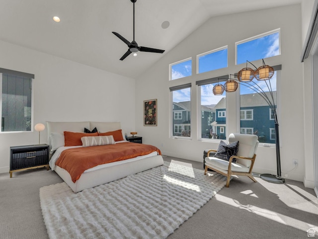 11609 S Dorian Dr W, South Jordan, UT 84009 - bedroom featuring carpet flooring, high vaulted ceiling, recessed lighting, and ceiling fan