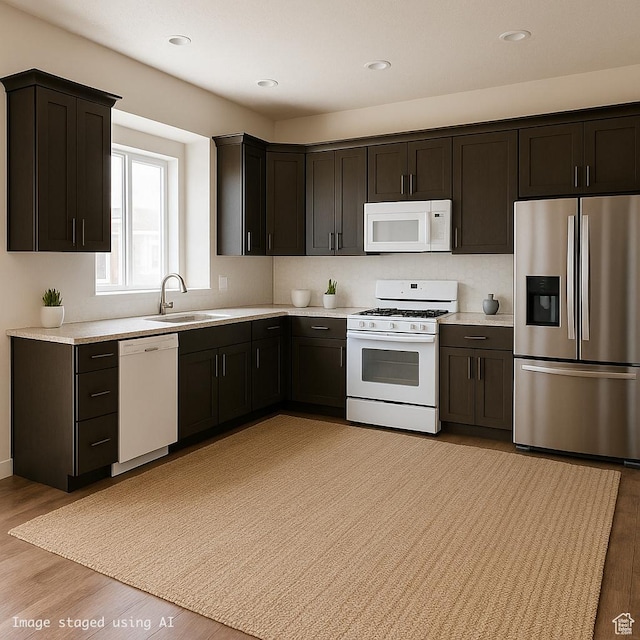 5382 W Tioga Pl, Herriman, UT 84096 - kitchen with white appliances, light countertops, light wood finished floors, recessed lighting, and dark brown cabinets