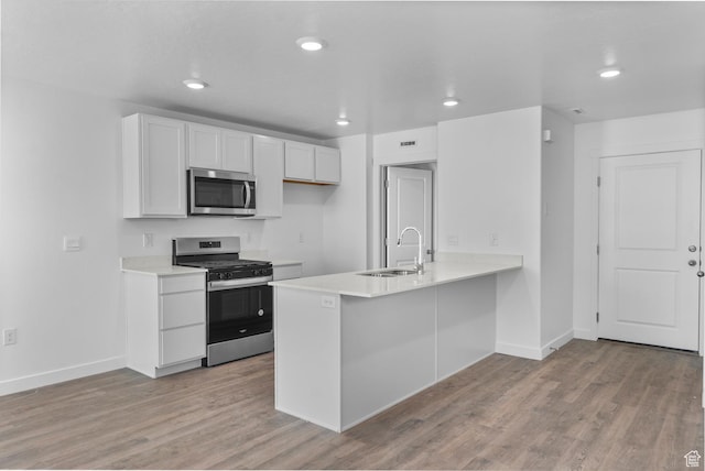 1557 E 720 N Unit 1070, Salem, UT 84653 - kitchen with appliances with stainless steel finishes, light countertops, light wood-type flooring, a peninsula, and recessed lighting