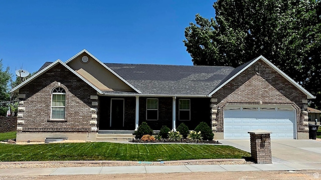 65 E 300 S, Salina, UT 84654 - ranch-style home with concrete driveway, a garage, a front yard, and brick siding